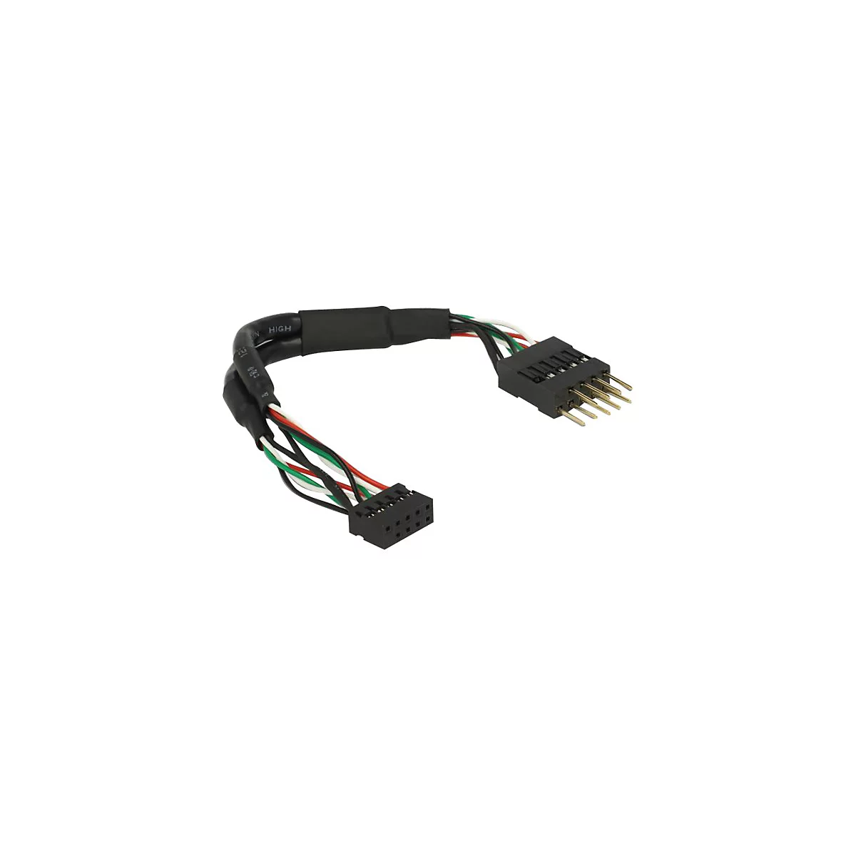 Ein schwarzes USB-Header-Kabel mit Steckern, farbigen Kabeln und Schrumpfschläuchen.