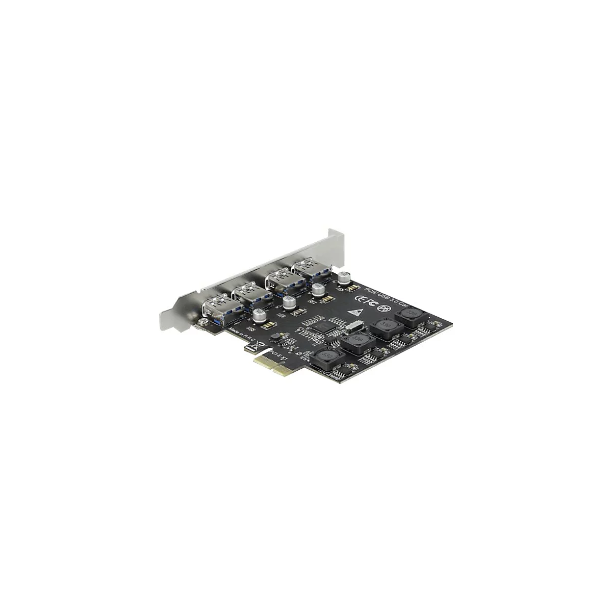 Schwarze PCIe-USB 3.0-Erweiterungskarte mit vier USB-Anschlüssen vor weißem Hintergrund.