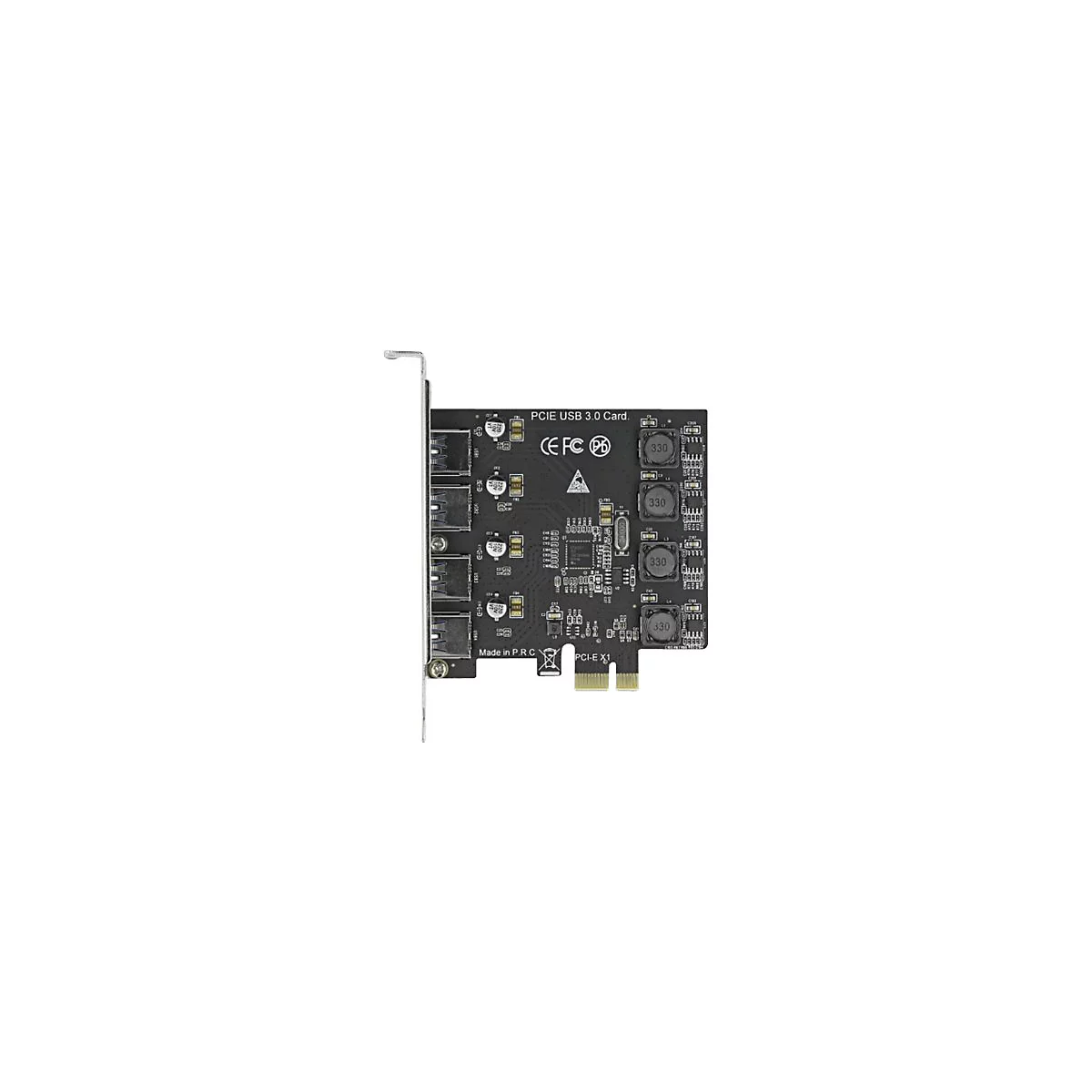 Schwarze PCIe USB 3.0-Erweiterungskarte mit vier USB-A-Anschlüssen auf weißem Hintergrund.