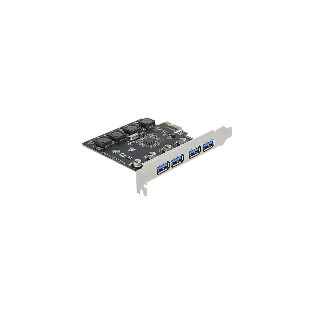 Schwarze PCIe USB 3.0 Erweiterungskarte mit vier blauen USB-Anschlüssen auf einer silbernen Metallblende.
