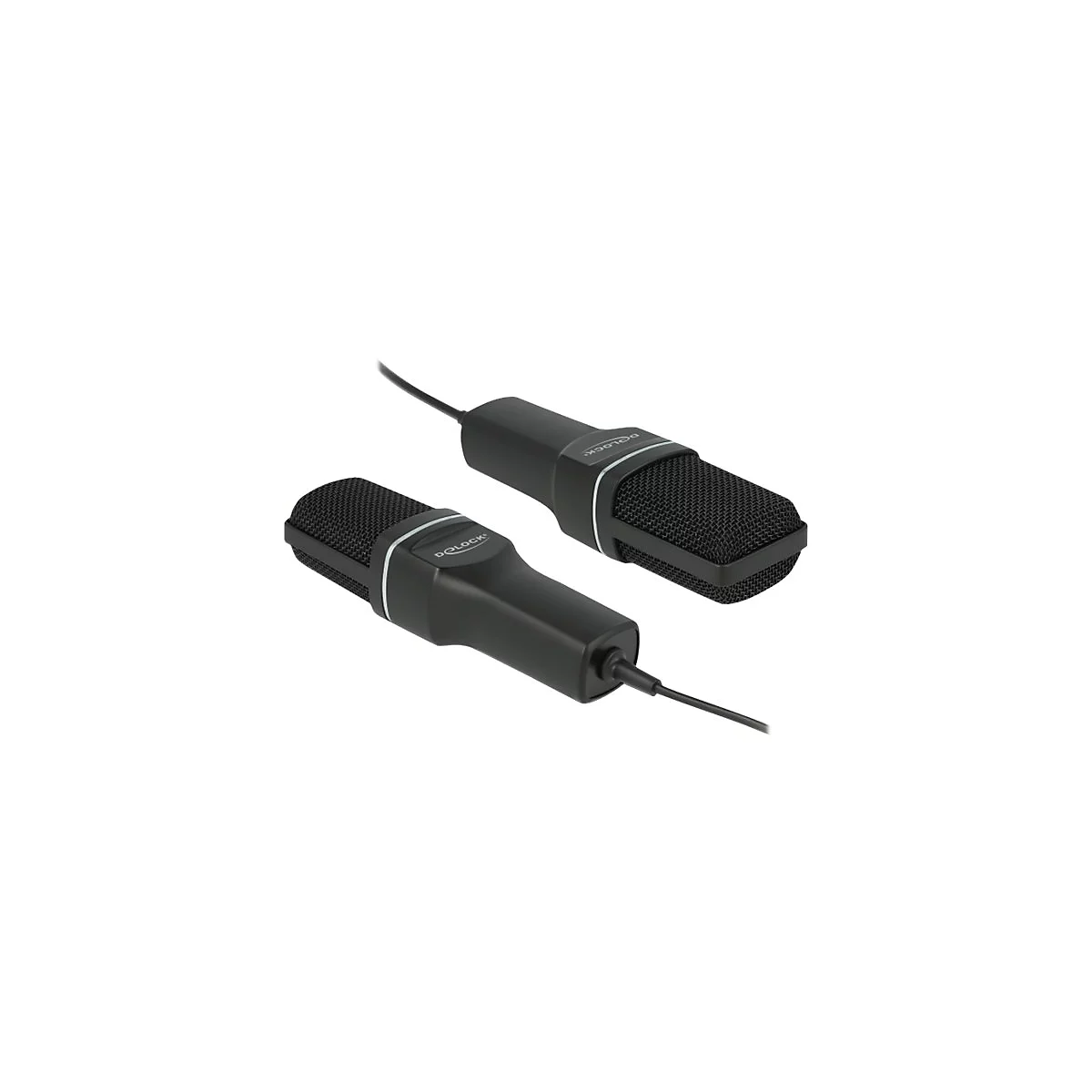 Zwei schwarze Delock Mikrofone mit Kabel vor weißem Hintergrund.