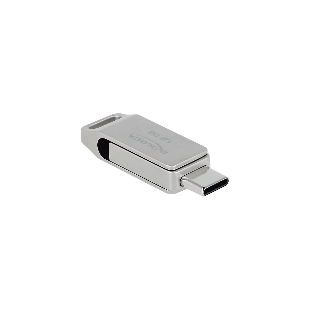 Silberner Delock USB-C-Stick mit 128 GB Kapazität und Öse vor weißem Hintergrund.