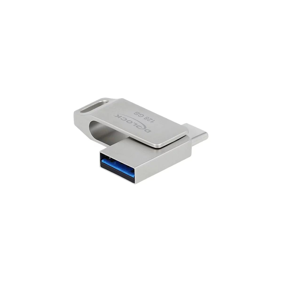 Silberner Delock USB-Stick mit USB-A und USB-C Anschlüssen, beschriftet mit 128 GB.