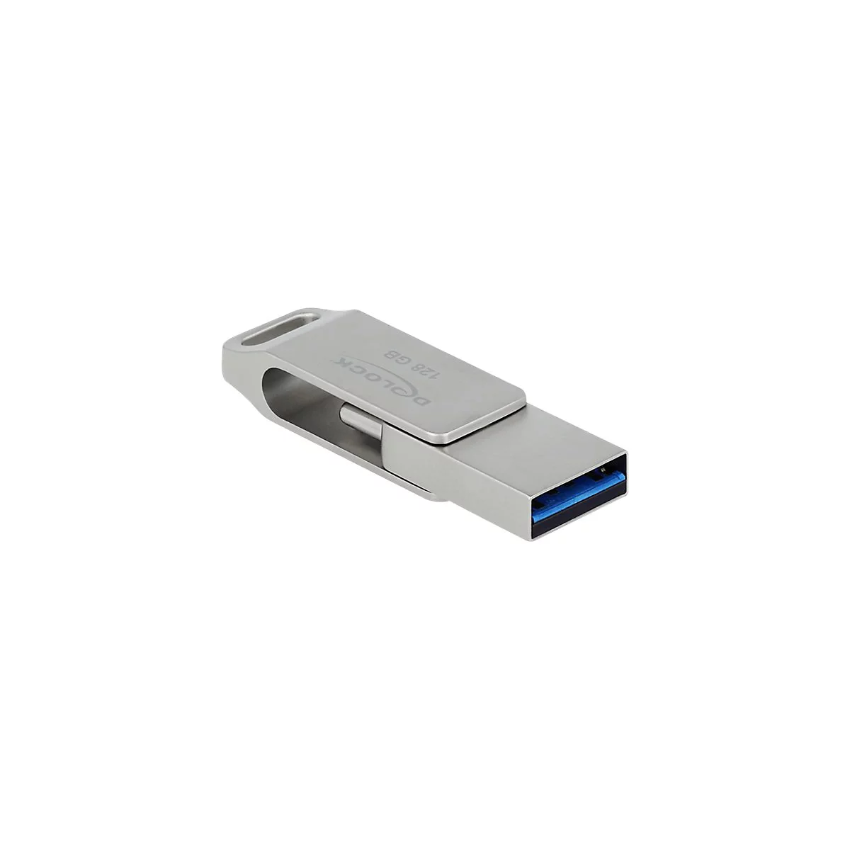 Silberner USB-Stick von Delock mit 128 GB Kapazität, isoliert auf weißem Hintergrund.
