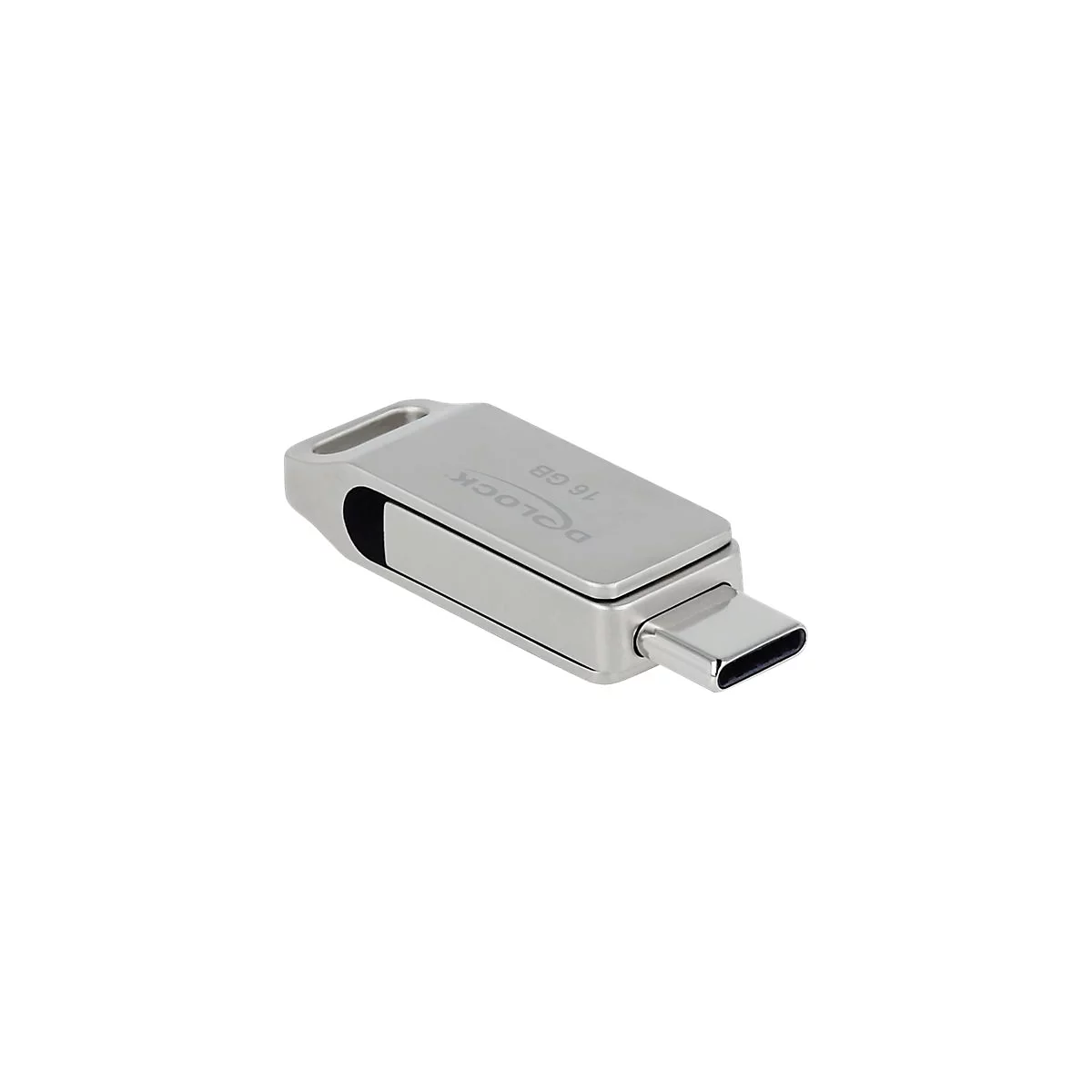 Silberner USB-C-Stick der Marke Delock mit 16 GB Speicherkapazität und Öse vor weißem Hintergrund.
