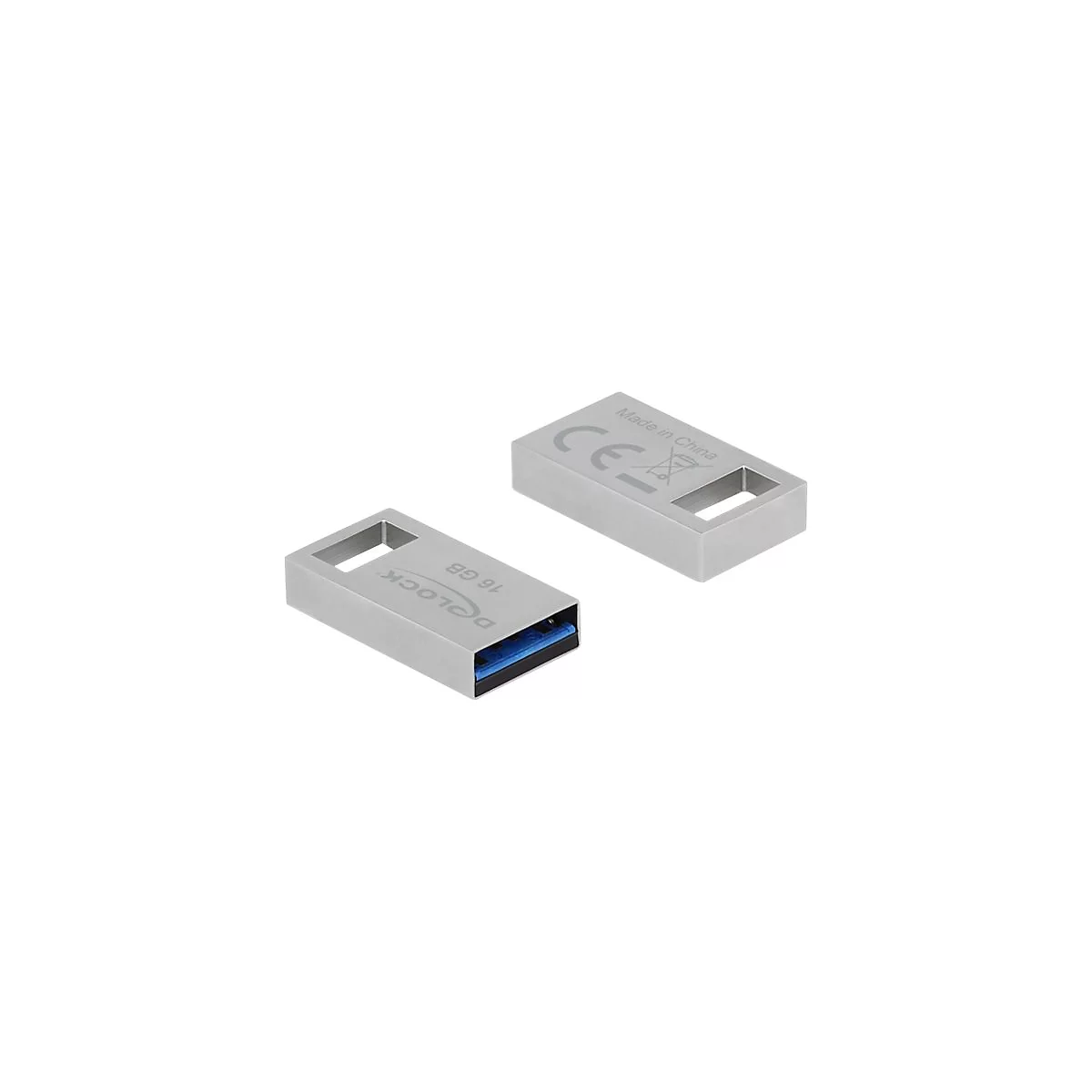 Silberner Delock USB-Stick mit 16 GB, Ansicht der Vorder- und Rückseite vor weißem Hintergrund.