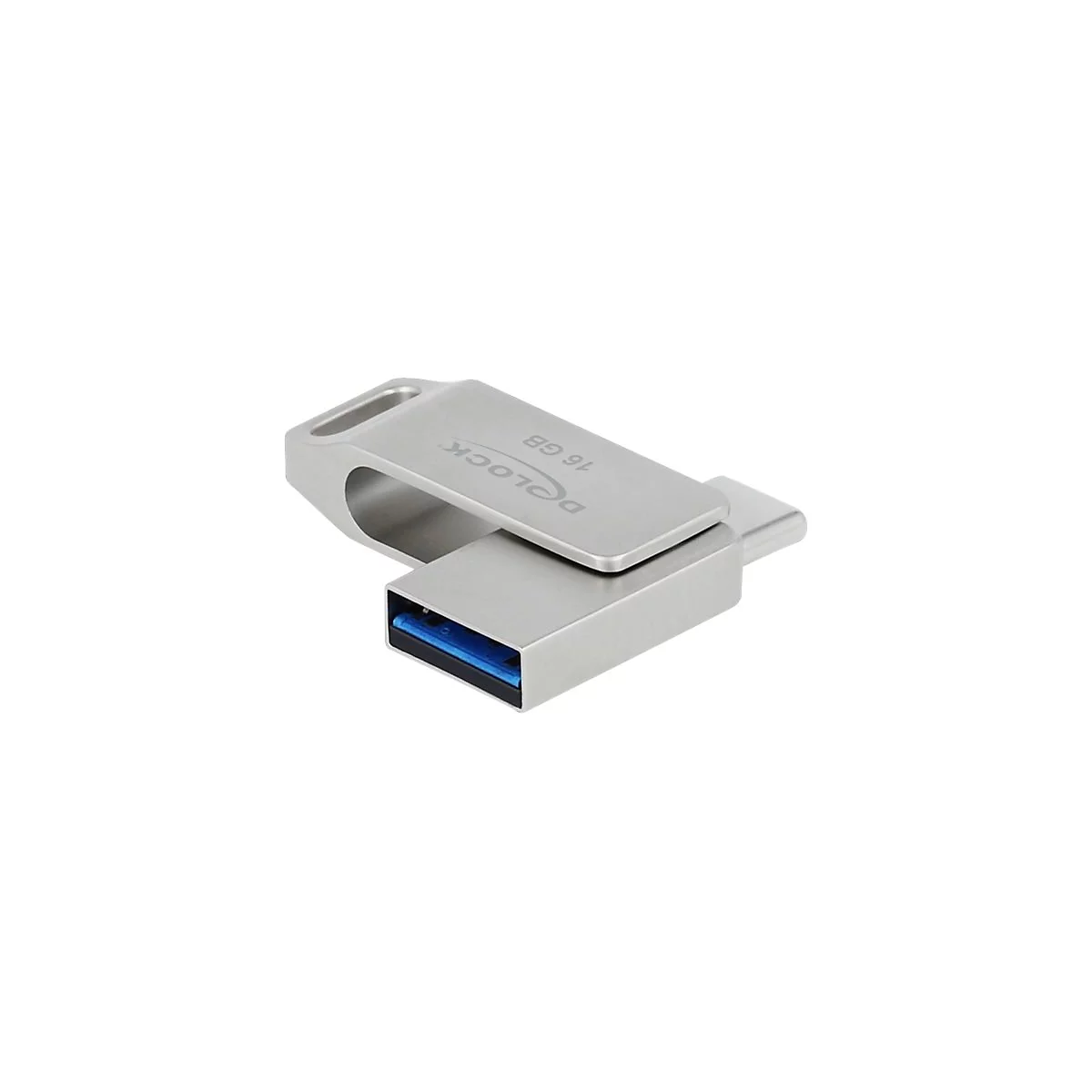Silberner Delock USB-Stick mit USB-A und USB-C Anschluss, 16 GB Kapazität.