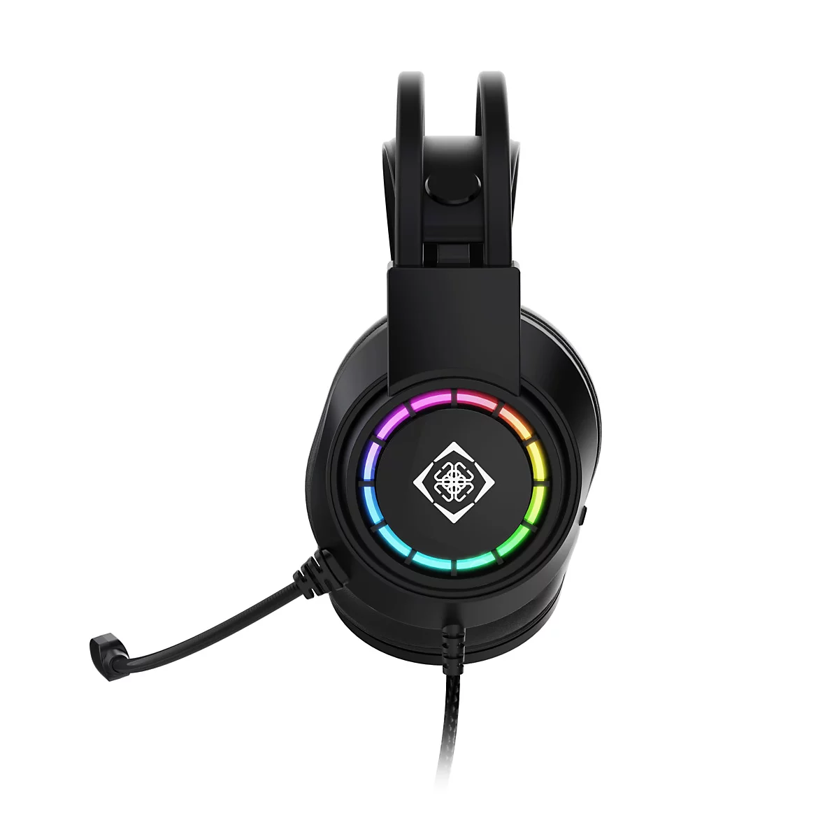 Casque de jeu noir avec éclairage coloré et microphone, détaillé sur fond blanc.