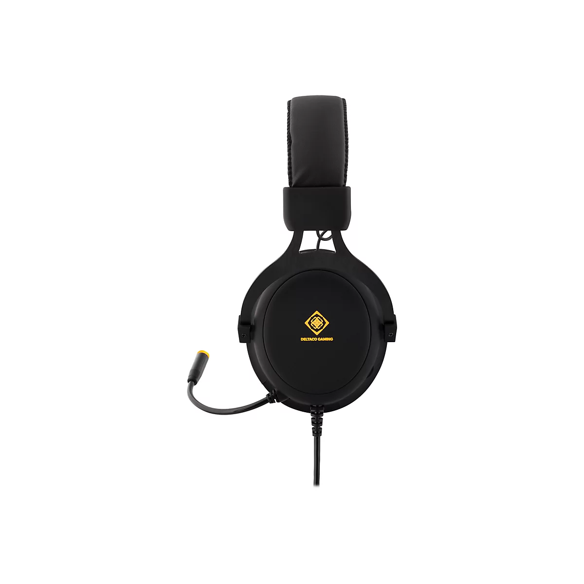 Casque de jeu noir avec microphone jaune sur fond blanc. Le logo "DELTACO GAMING" est visible sur les oreillettes.
