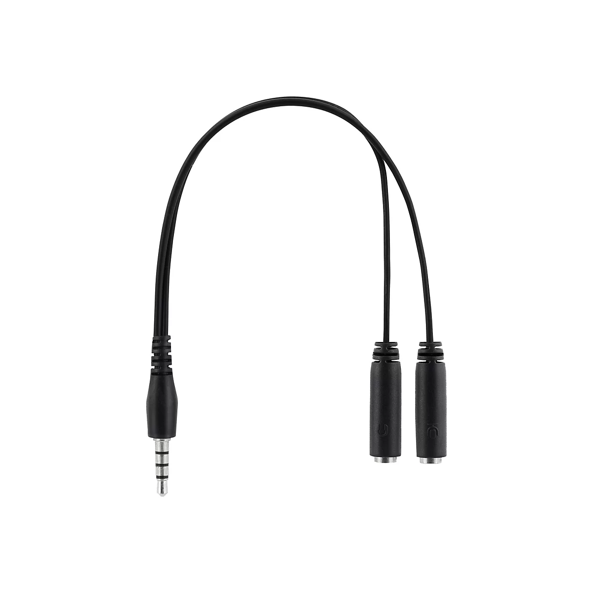Un répartiteur audio noir avec une prise jack 3,5 mm et deux prises.