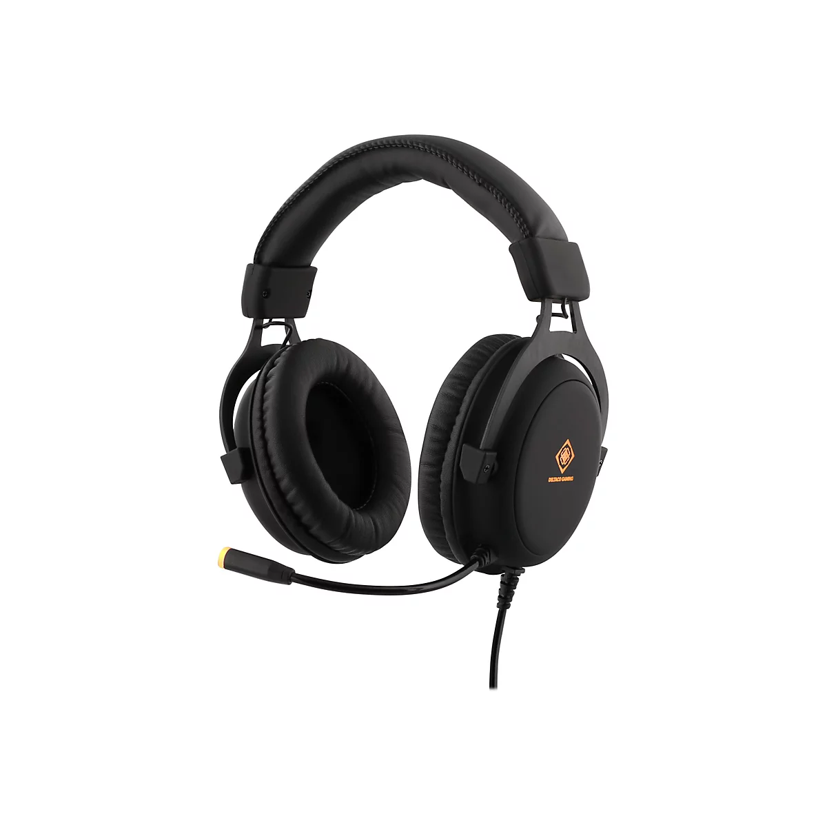 Casque de jeu noir avec logo orange et microphone.