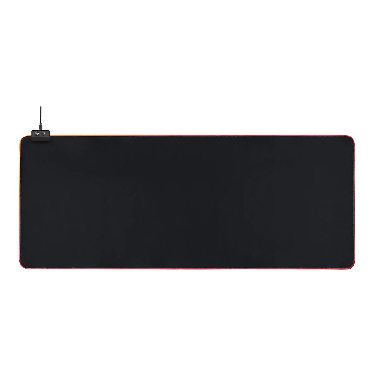 Grand tapis de souris de jeu noir avec bordure rouge et éclairage LED. Un panneau de contrôle est fixé au bord.