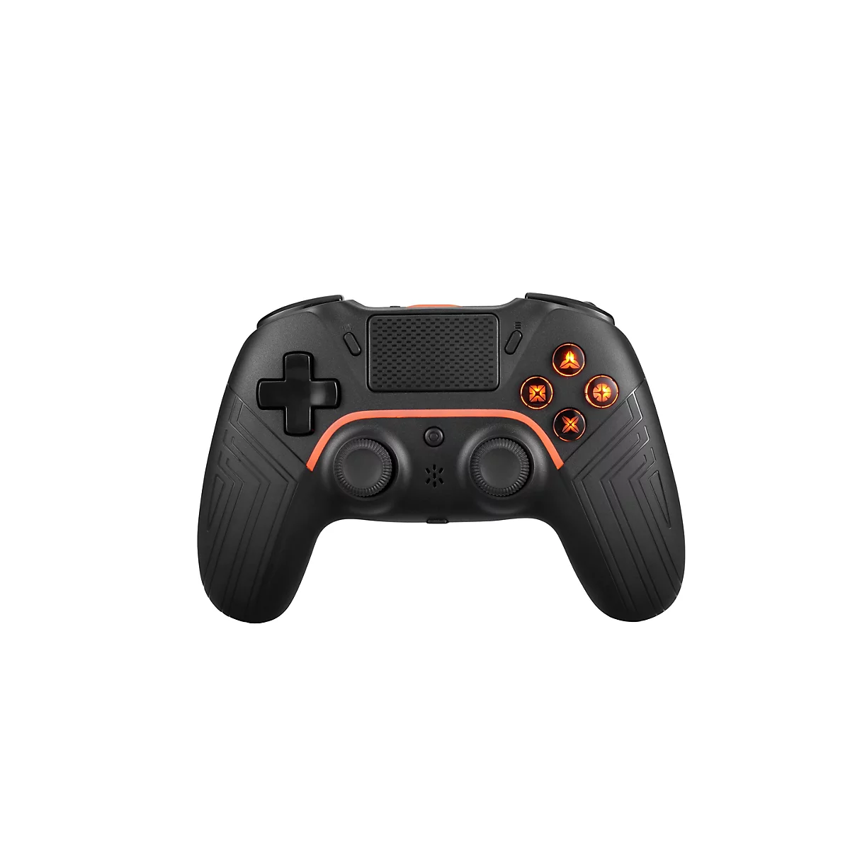 Schwarzer Gamecontroller mit orangefarbenen Akzenten und leuchtenden Knöpfen vor weißem Hintergrund.