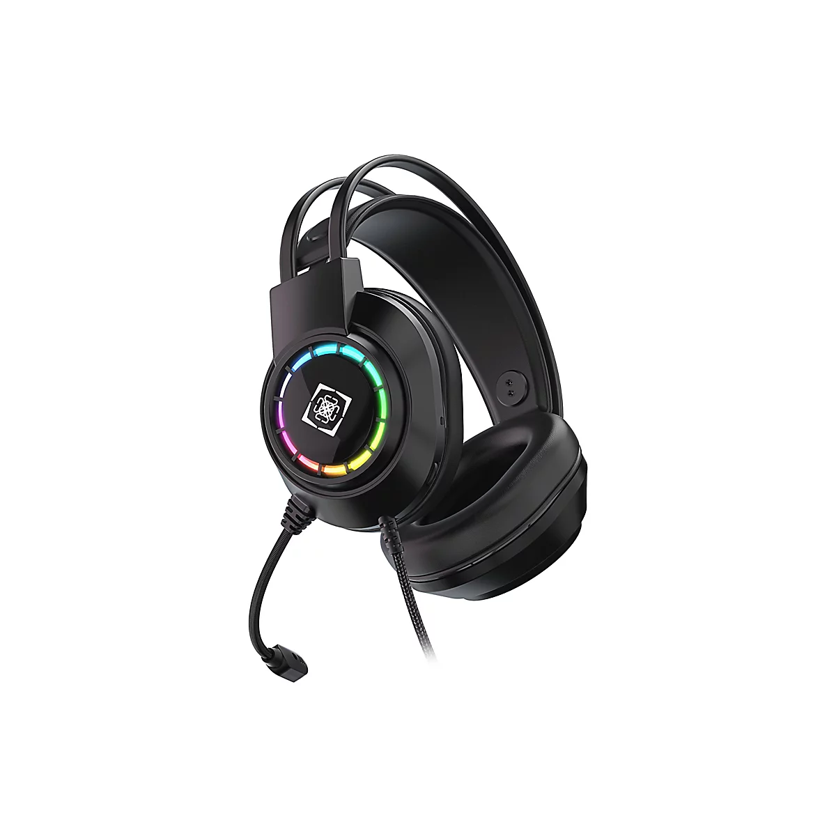 Schwarzes Gaming-Headset mit RGB-Beleuchtung am runden Ohrhörer und flexiblem Mikrofon vor weißem Hintergrund.