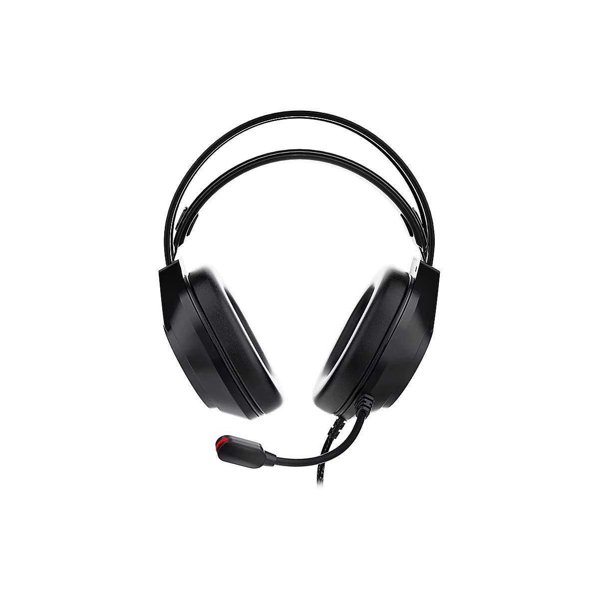 Schwarzes Gaming-Headset mit Kopfbügel und Mikrofon vor weißem Hintergrund.