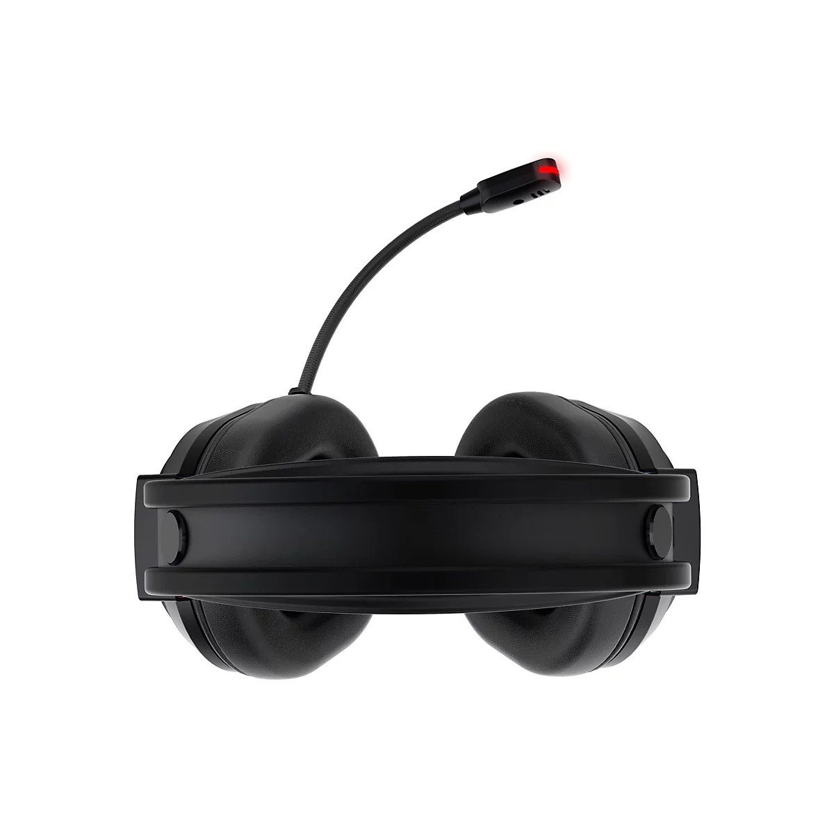 Schwarzes Gaming-Headset in der Draufsicht mit einem Mikrofonarm, der ein leuchtend rotes Licht an der Spitze zeigt.