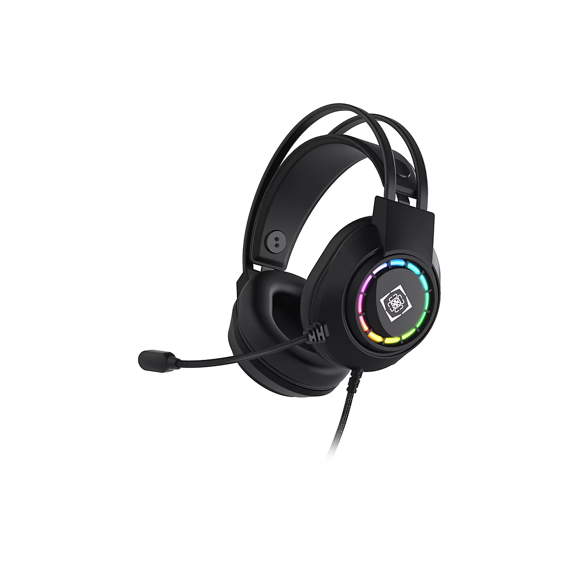 Schwarzes Gaming-Headset mit biegsamem Mikrofonarm und bunt leuchtendem LED-Ring an der Ohrmuschel.