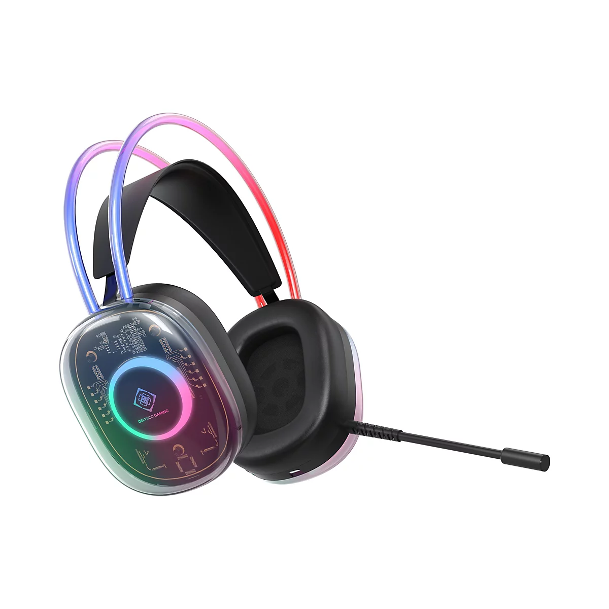 Schwarzes Gaming-Headset mit transparenten Ohrmuscheln, sichtbarer Elektronik und farbiger RGB-Beleuchtung.
