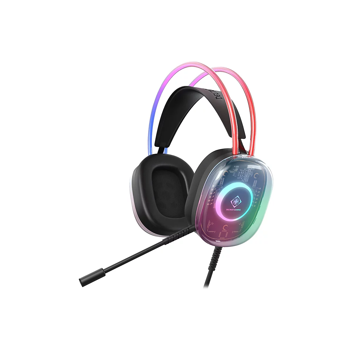Schwarzes Gaming-Headset mit transparenter Ohrmuschel, Leiterplattendesign und bunter RGB-Beleuchtung.