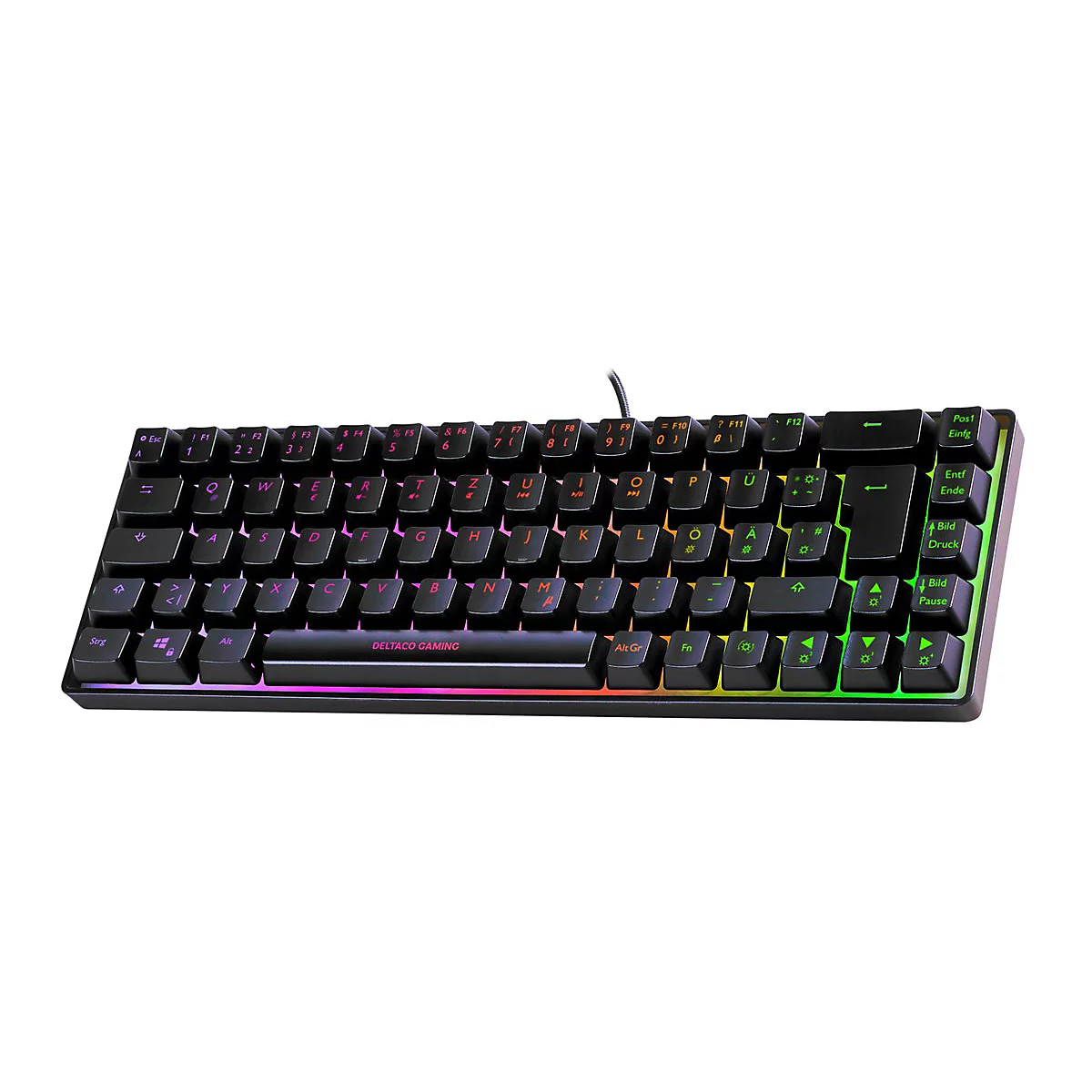Schwarze mechanische Gaming-Tastatur von Deltaco Gaming mit RGB-Beleuchtung und deutschem Tastaturlayout.