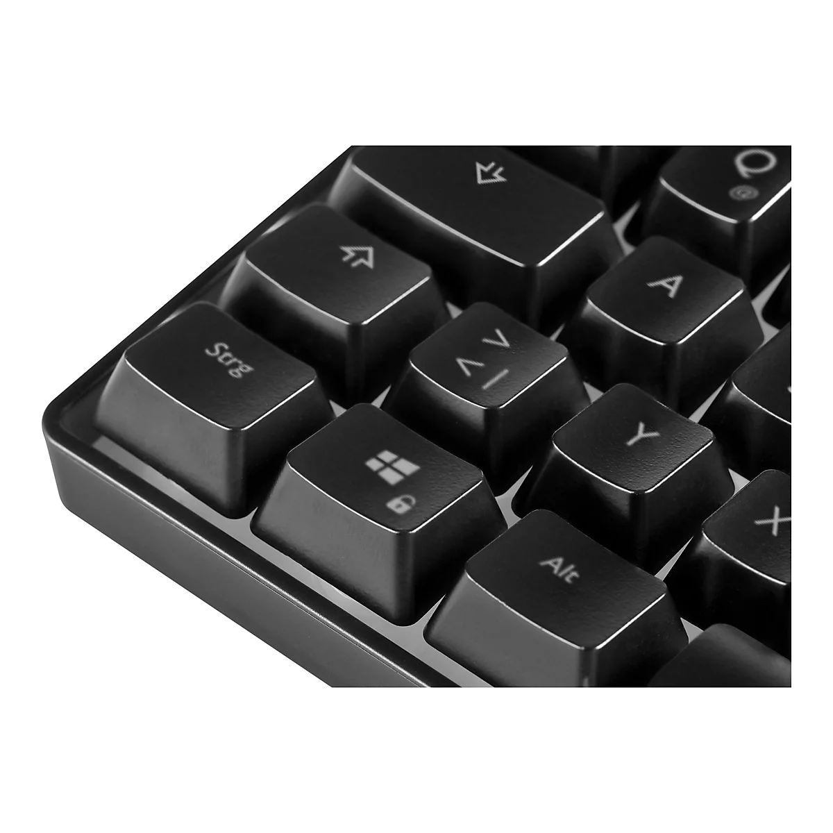Nahaufnahme einer schwarzen Computertastatur mit Fokus auf Strg-, Windows- und Alt-Tasten.