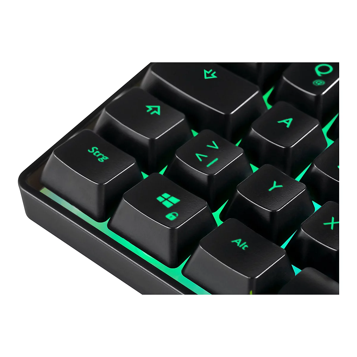 Nahaufnahme einer schwarzen Gaming-Tastatur mit grüner LED-Beleuchtung zwischen den Tasten.