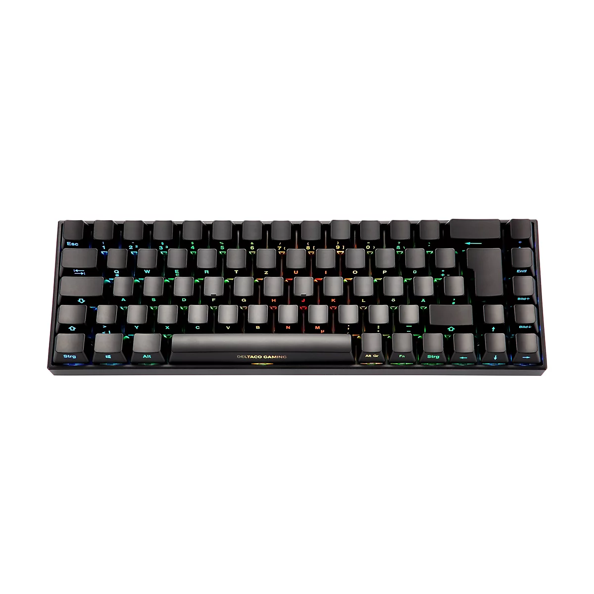 Schwarze mechanische Gaming-Tastatur mit RGB-Beleuchtung und deutschem Tastaturlayout vor weißem Hintergrund.