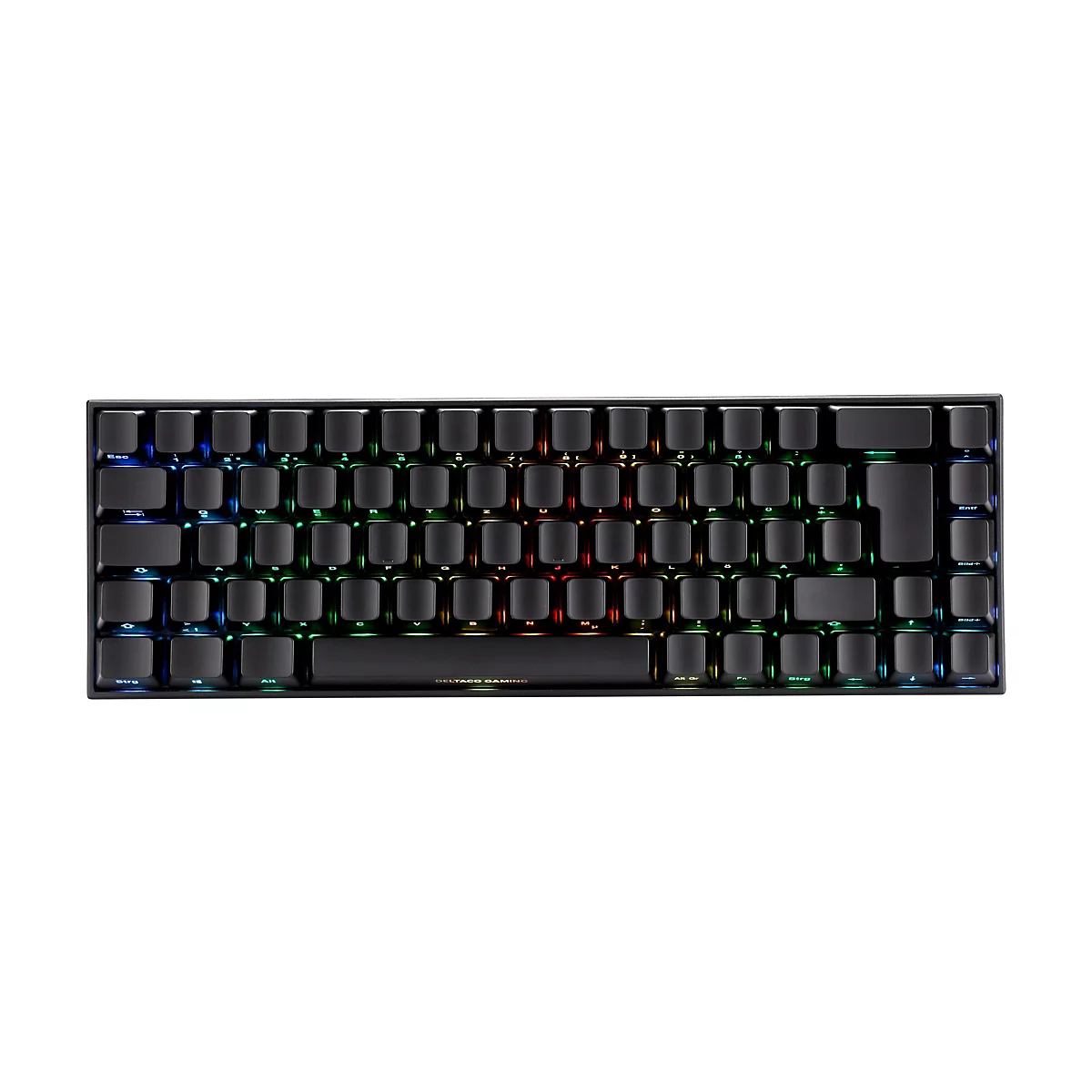 Schwarze Gaming-Tastatur mit kompakter Anordnung und bunter RGB-Hintergrundbeleuchtung vor weißem Hintergrund.