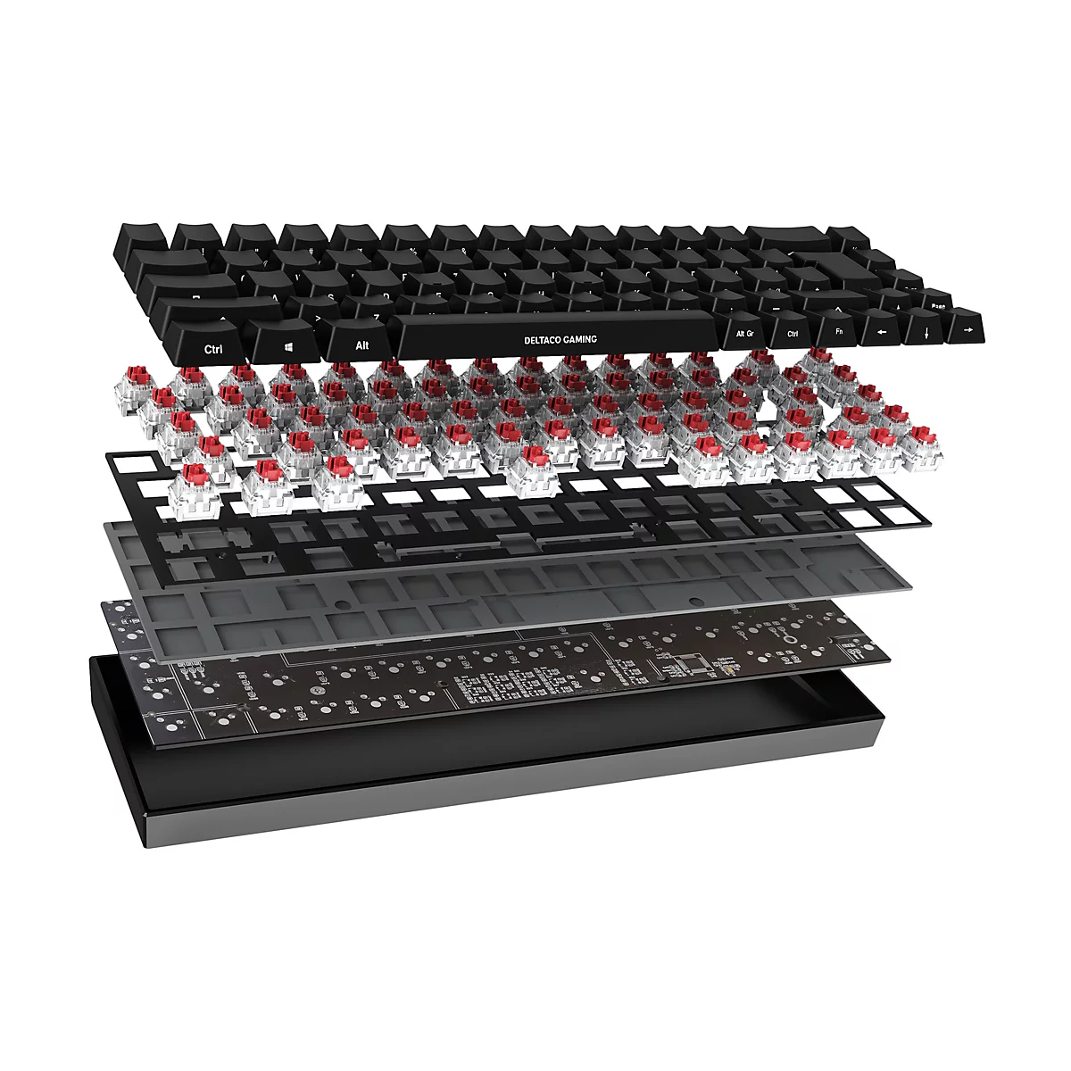 Explosionsdarstellung einer mechanischen Gaming-Tastatur, die einzelne Komponenten wie Tasten, Schalter und Platine zeigt.