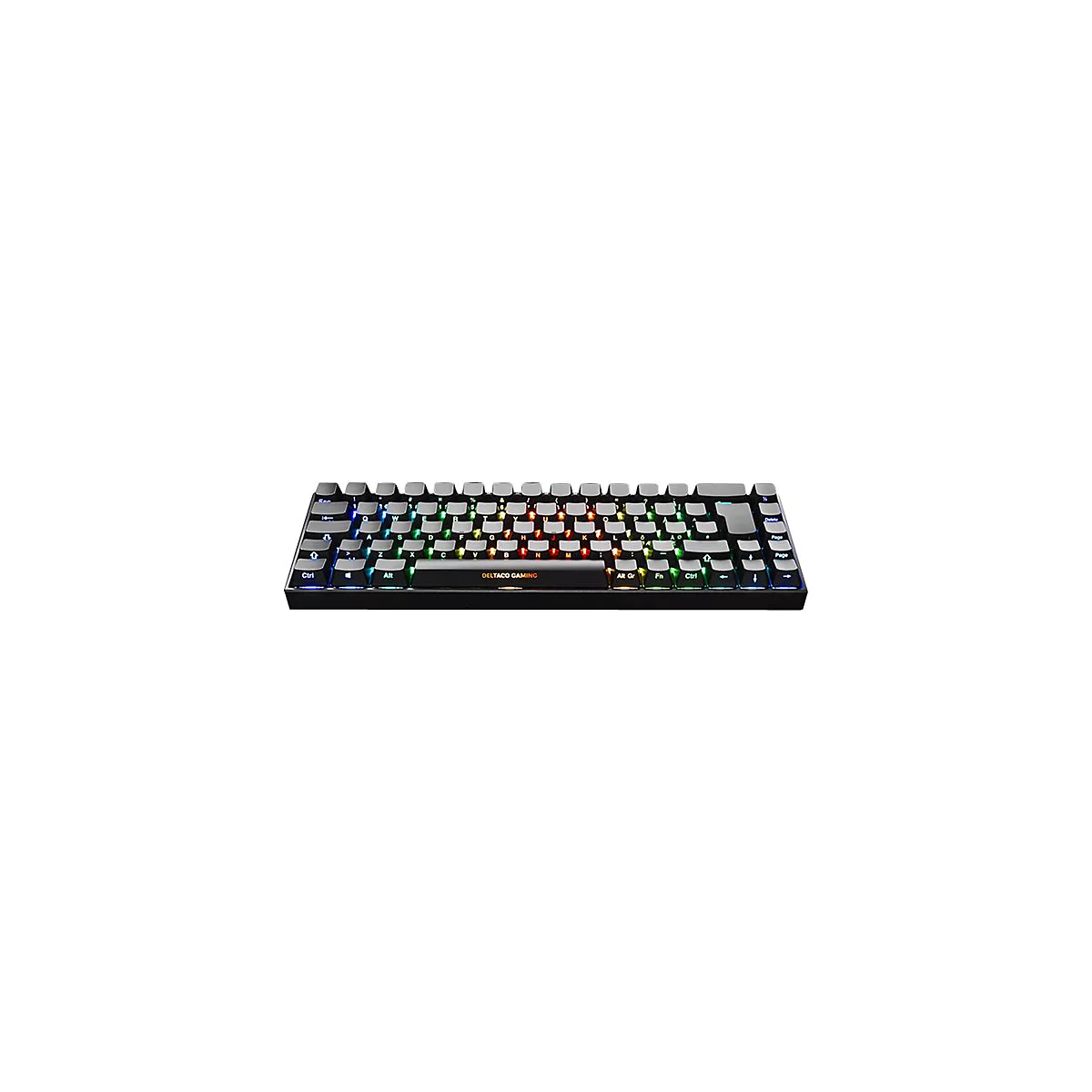 Schwarze mechanische Gaming-Tastatur mit bunter RGB-Beleuchtung vor weißem Hintergrund.