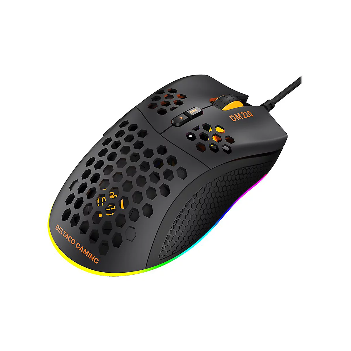 Schwarze Gaming-Maus mit Wabenmuster, RGB-Beleuchtung und Aufschrift DM210 auf hellem Hintergrund.