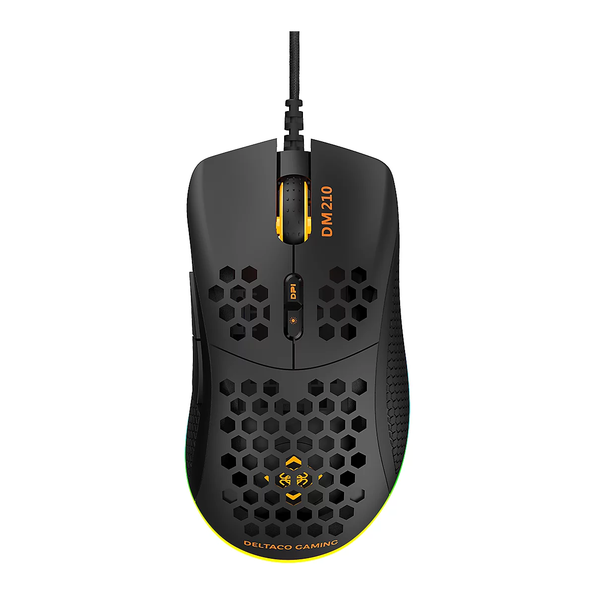 Schwarze Gaming-Maus mit orangefarbenen Akzenten. Aufschrift 'DM 210' und 'DELTACO GAMING'.