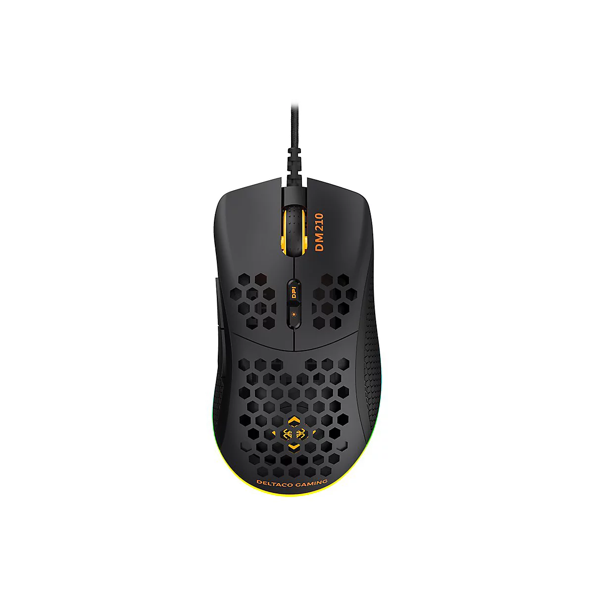 Schwarze Gaming-Maus mit Wabenmuster und gelben Akzenten, Modell Deltaco Gaming DM210 auf weißem Hintergrund.