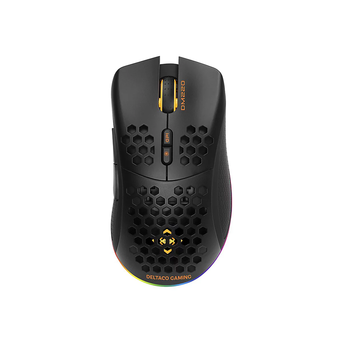 Schwarze Gaming-Maus mit Wabenmuster, gelben Akzenten und RGB-Beleuchtung auf weißem Hintergrund.