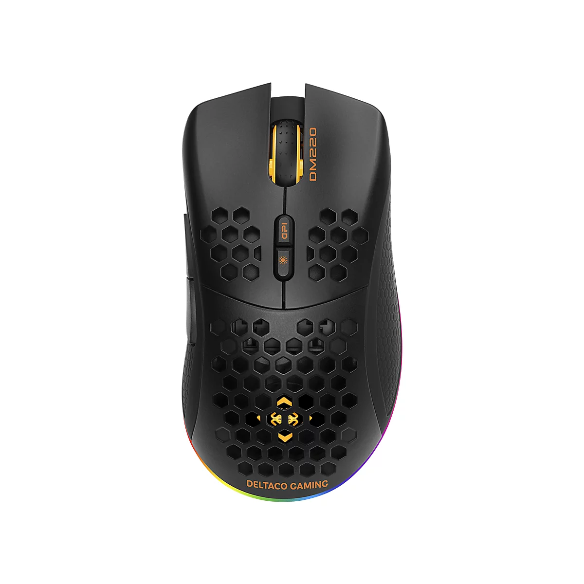 Schwarze Gaming-Maus mit orangefarbenen Akzenten und LED-Beleuchtung. Mit DM220-Schriftzug und Deltaco Gaming Logo.