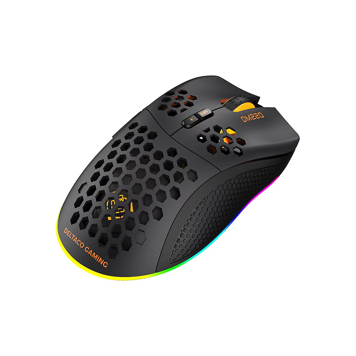 Schwarze Gaming-Maus mit Wabenmuster, gelbem Mausrad und beleuchtetem Rand vor weißem Hintergrund.