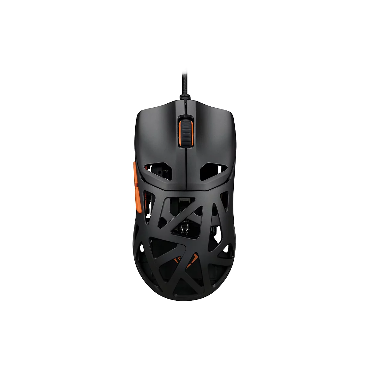 Schwarze Gaming-Maus mit skelettiertem Gehäuse und orangefarbenen Akzenten auf weißem Hintergrund.