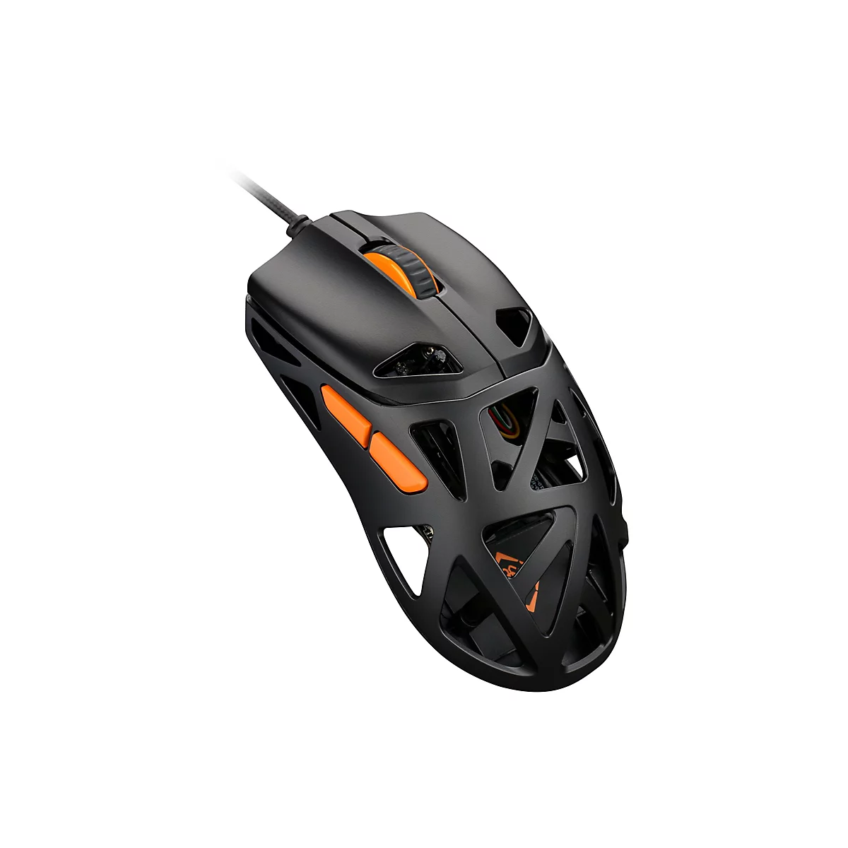 Schwarze Gaming-Maus mit skelettiertem Gehäusedesign und leuchtend orangen Tasten vor weißem Hintergrund.
