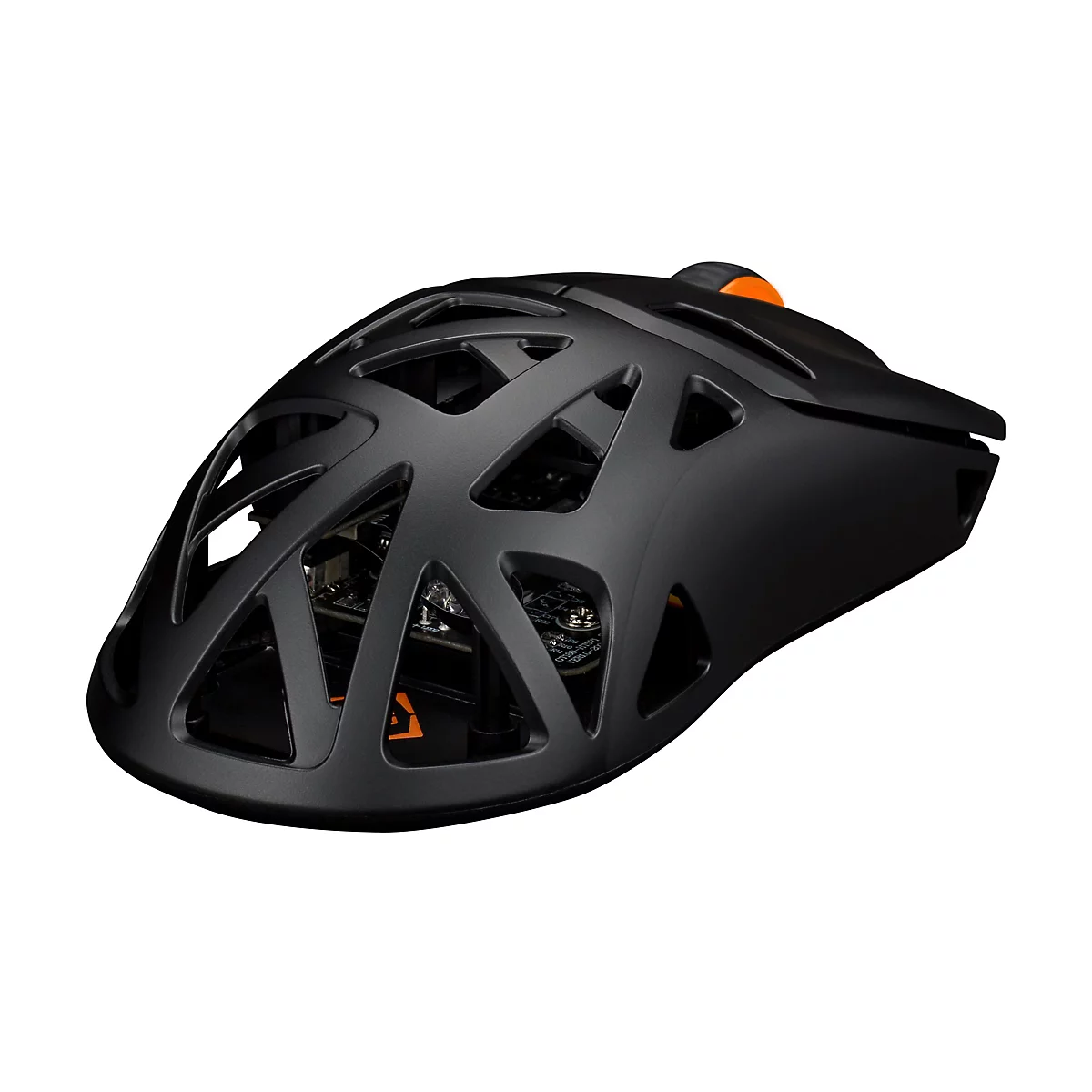 Schwarze Gaming-Maus mit skelettiertem Gehäuse, orangefarbenem Mausrad und Einblick auf die Platine.