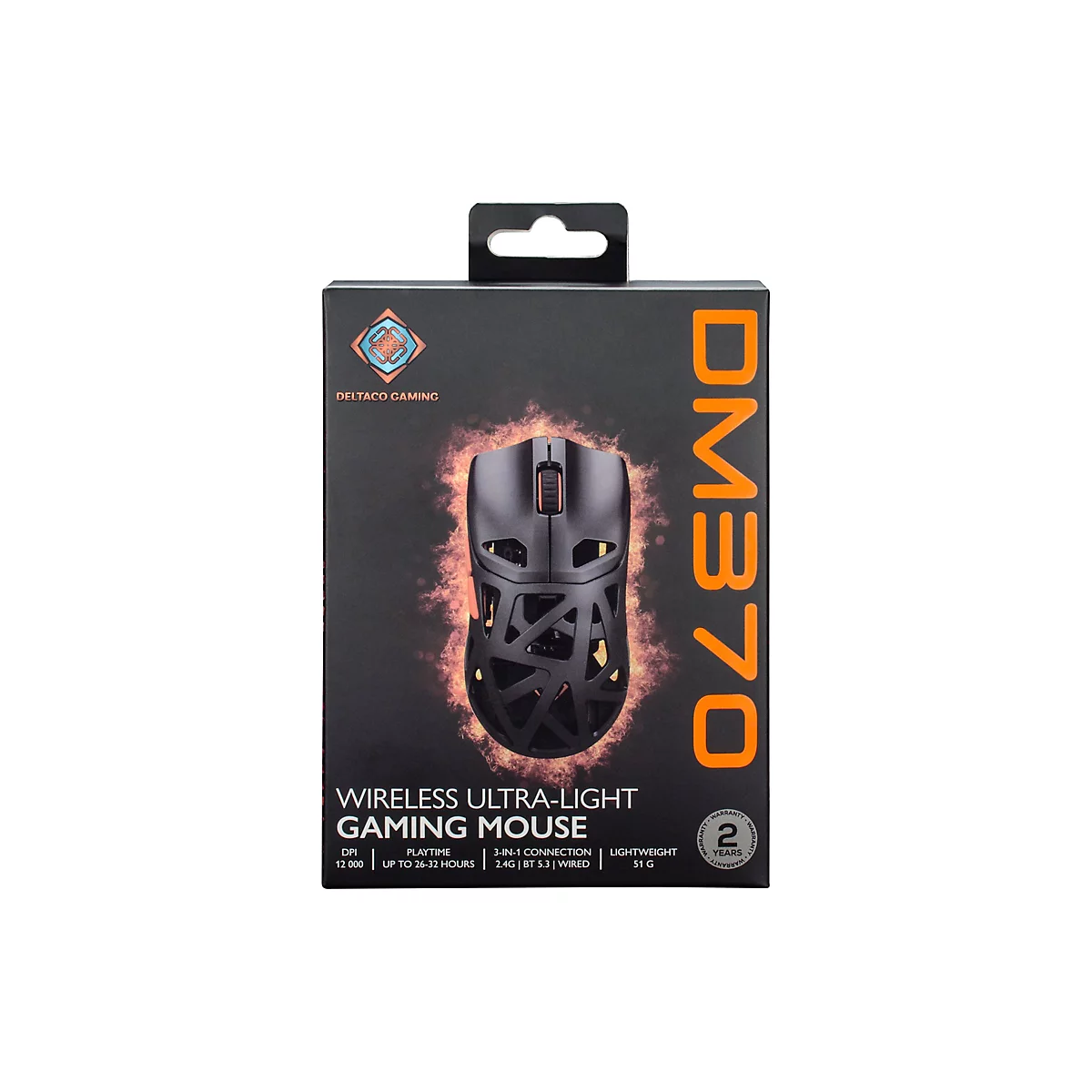 Produktverpackung einer schwarzen, leichten Deltaco Gaming Maus DM370 mit orangen Akzenten auf schwarzem Grund.