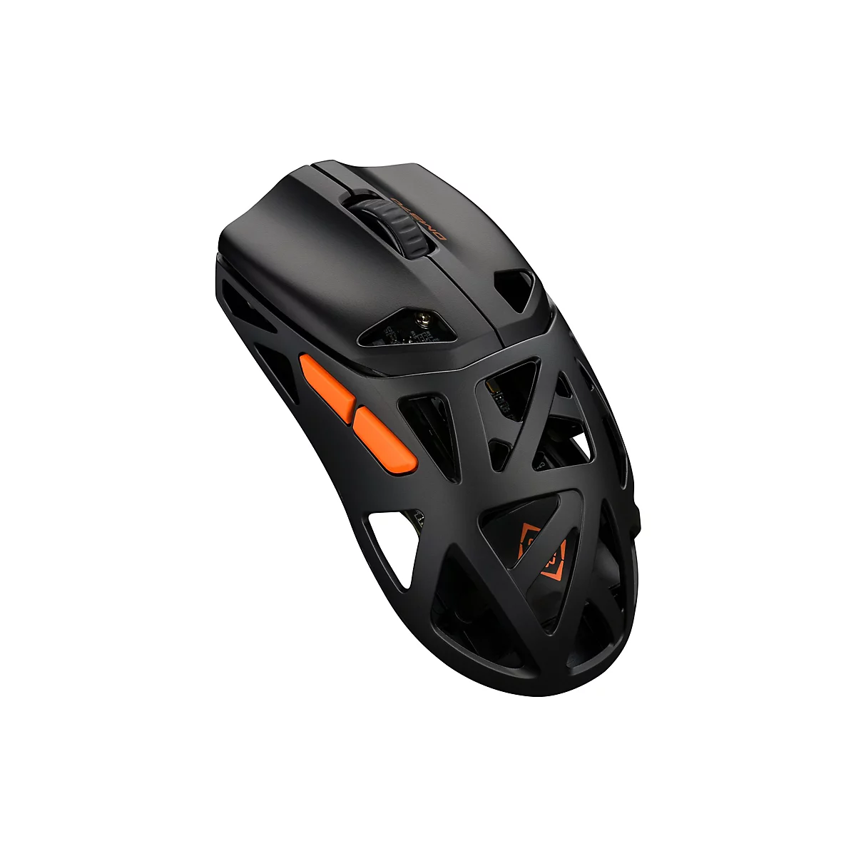 Schwarze Gaming-Maus mit skelettiertem Gehäuse, orangen Akzenten und sichtbarer Elektronik auf weißem Grund.