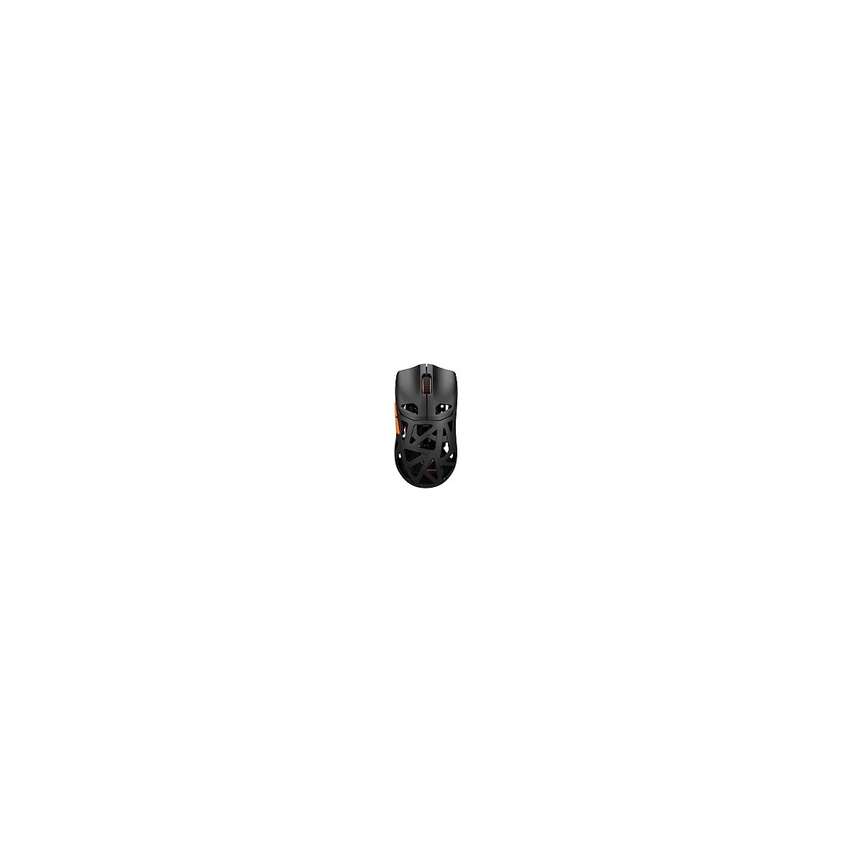 Schwarze Gaming-Maus mit orangefarbenen Akzenten und offenem Design.