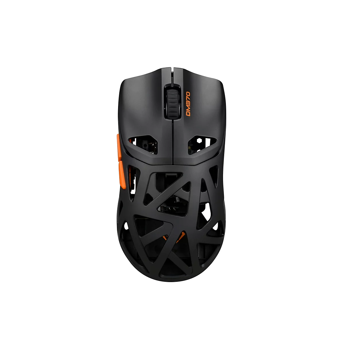 Schwarze Gaming-Maus mit orangefarbenen Akzenten. Oben steht der Schriftzug DM870.