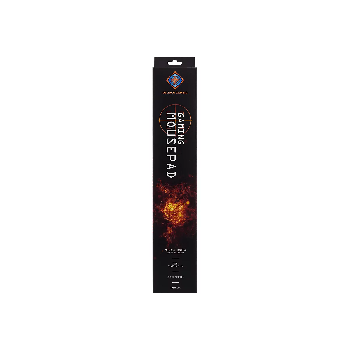 Eine schwarze Verpackung für ein Gaming-Mauspad. Oben steht "DELTACO GAMING". In der Mitte "GAMING MOUSEPAD" und ein abstraktes Flammenmuster. Darunter stehen technische Spezifikationen.