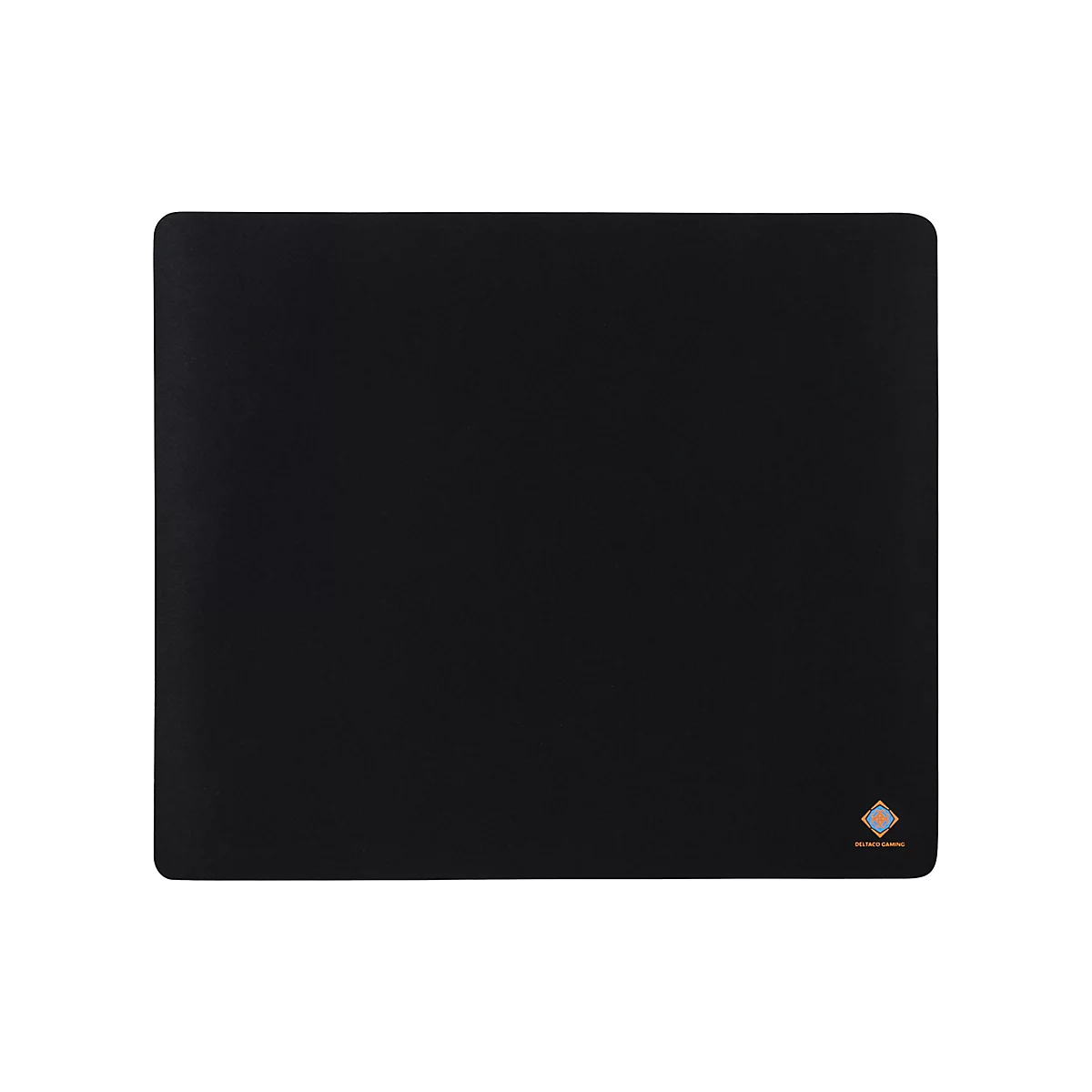 Schwarzes rechteckiges Mauspad mit abgerundeten Ecken. Unten rechts Logo von Deltatco Gaming.