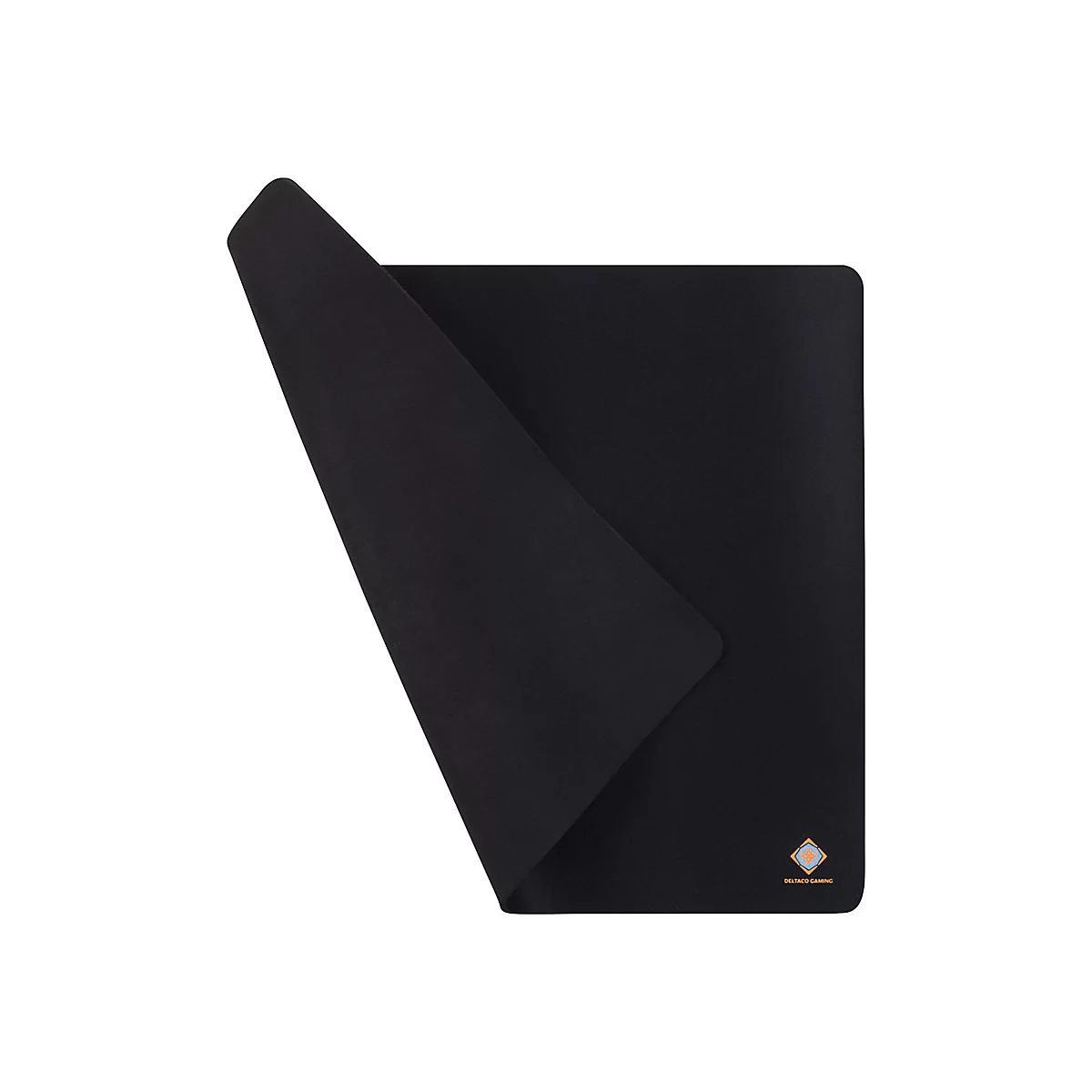Schwarzes Mauspad, Ecke aufgefaltet, Logo unten rechts.