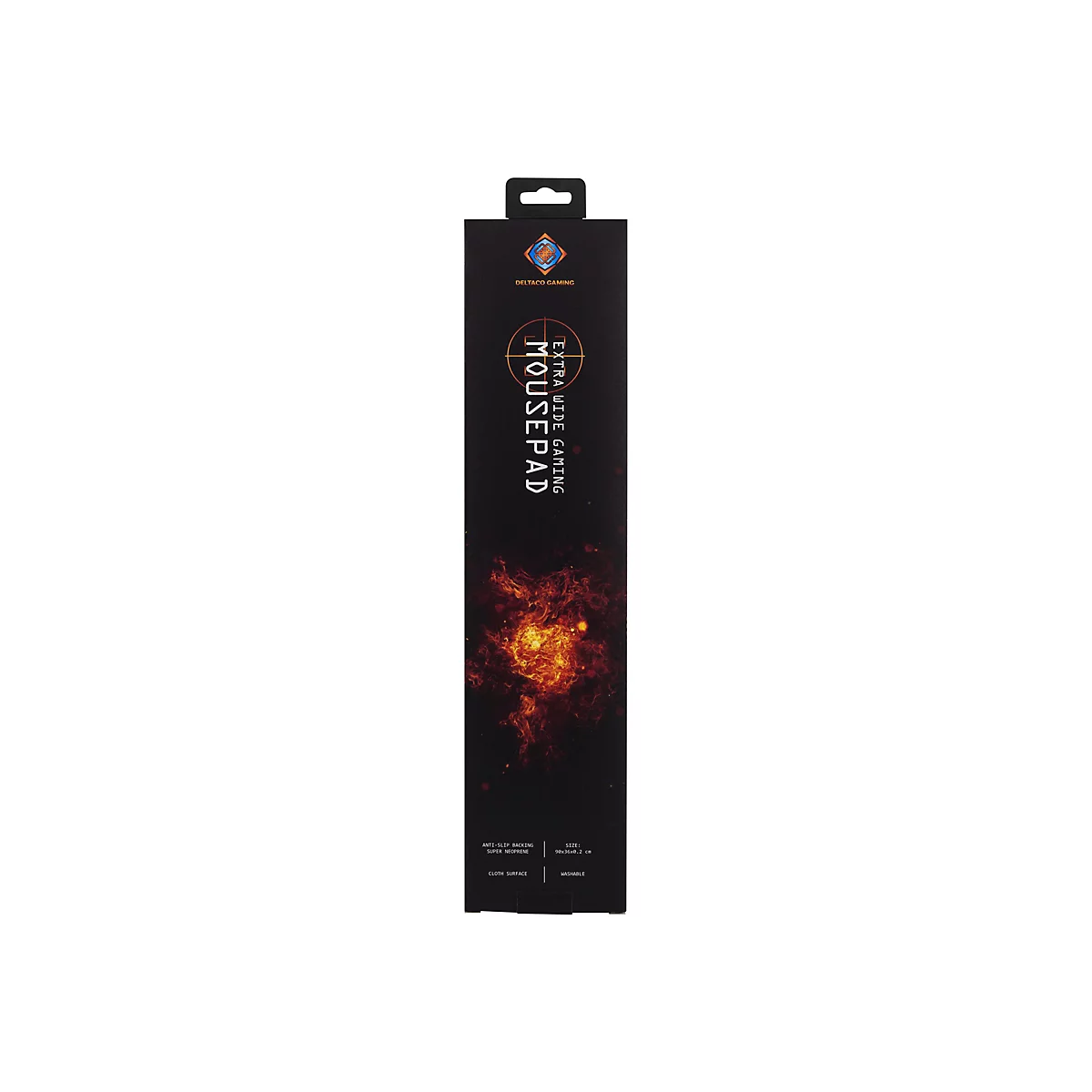 Produktverpackung eines extra breiten Gaming-Mauspads. Auf schwarzem Grund der Schriftzug "MOUSEPAD", darunter ein Feuer-Effekt.