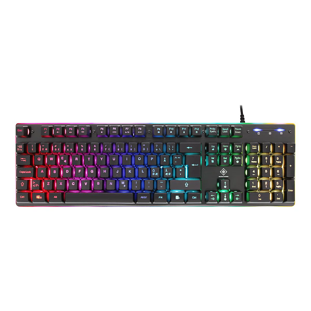 Schwarze Gaming-Tastatur mit bunter RGB-Hintergrundbeleuchtung vor weißem Hintergrund.