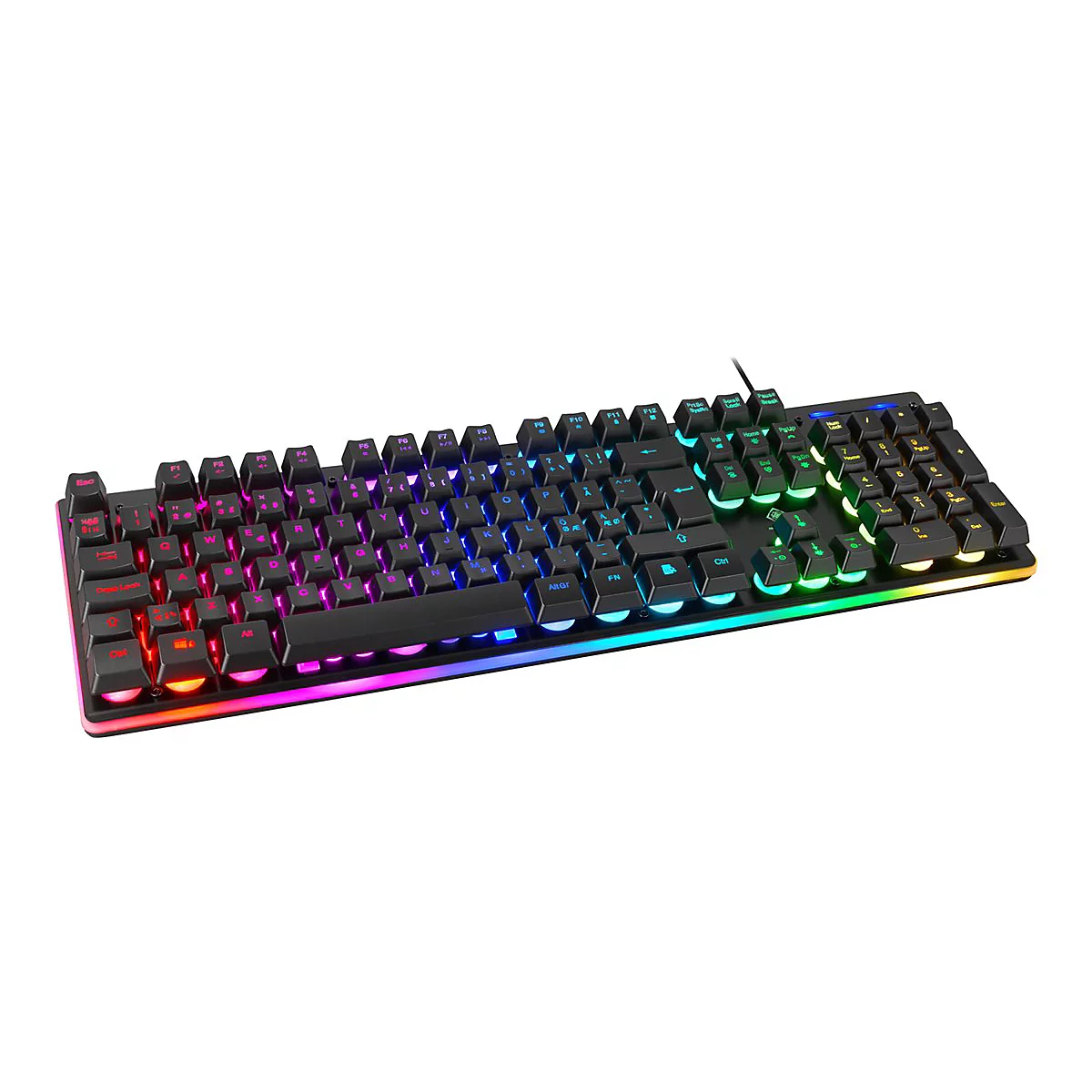 Schwarze mechanische Gaming-Tastatur mit bunter RGB-Beleuchtung auf weißem Hintergrund.