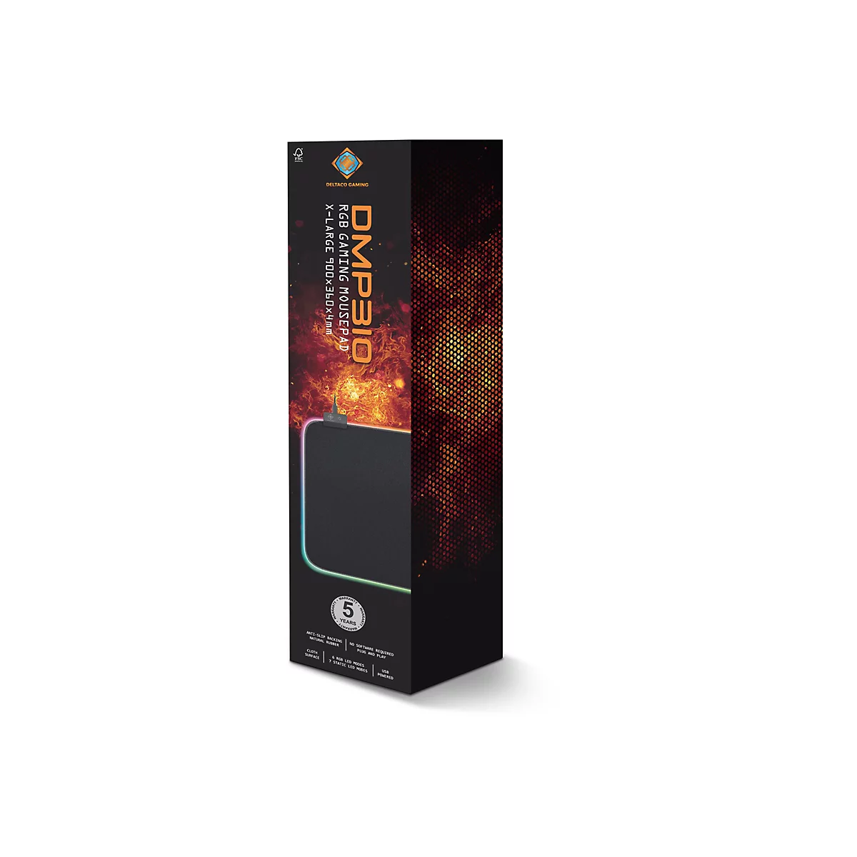 Die Verpackung eines RGB-Gaming-Mousepads DMP310. Das Produkt ist X-Large (900 x 360 x 4 mm). Auf der Verpackung sind Produktmerkmale aufgeführt.
